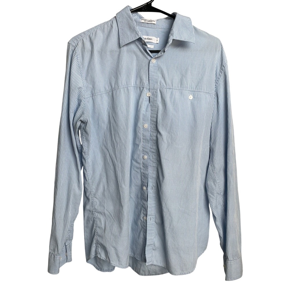 Calvin Klein Mens Slim Fit Gingham Button Down Shirt Blue White Size M